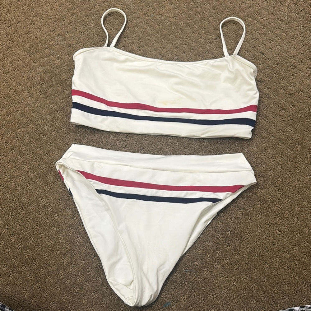 Stylish White Bikini with red and blue Stripes